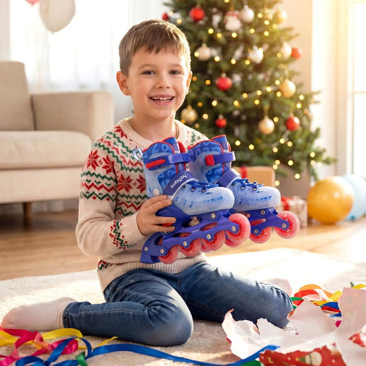 4-Size Adjustable Kids Inline Skates With Lights blue with red straps light-up wheels bobJoy on Tampa Home & Garden Store