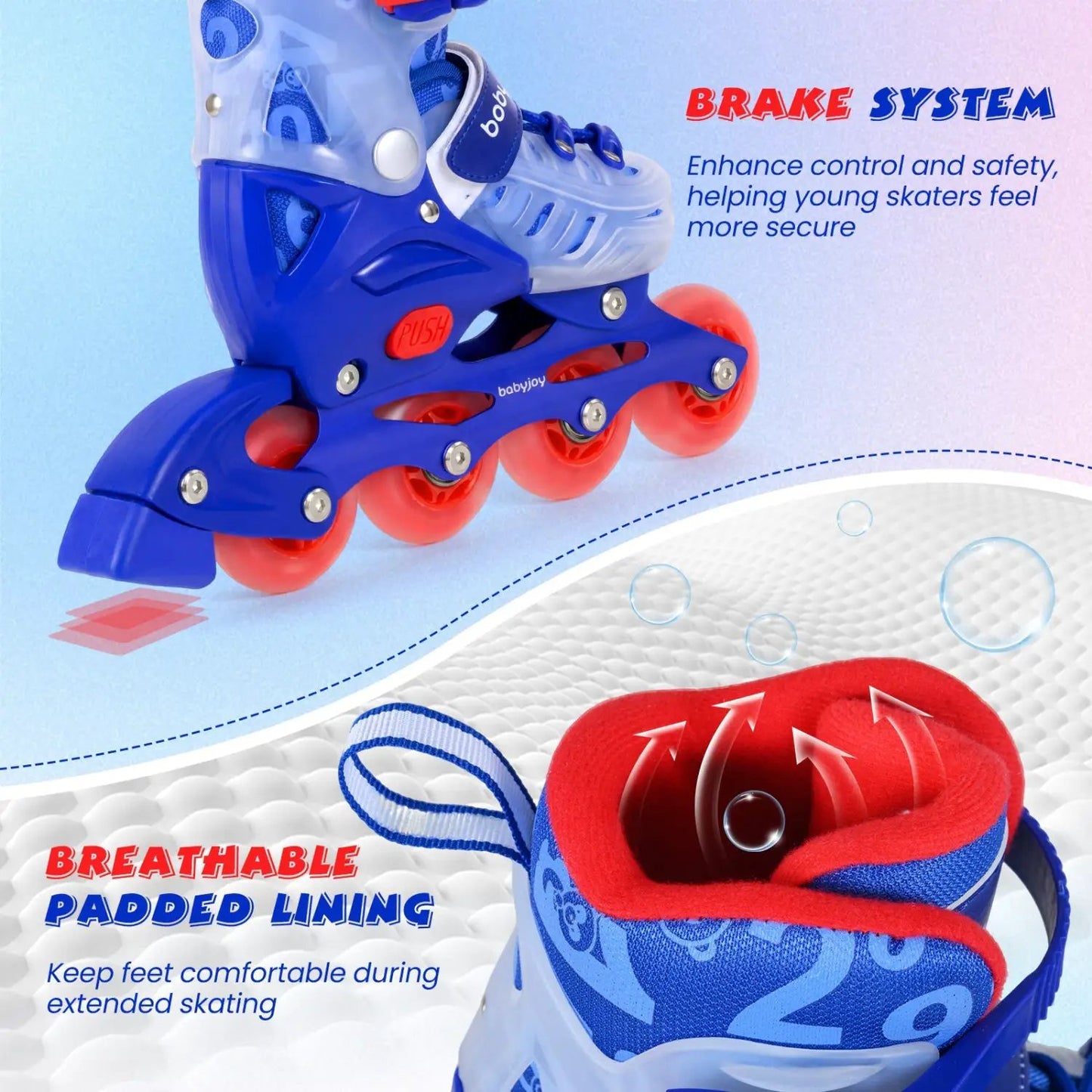 Kids inline skates by babyjoy, 4-size adjustable, blue frame with red wheels, padded lining on Tampa Home & Garden Store