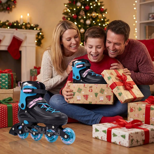 DirectDeals adjustable light-up kids inline skates, black shell with blue accents and laces on Tampa Home & Garden Store