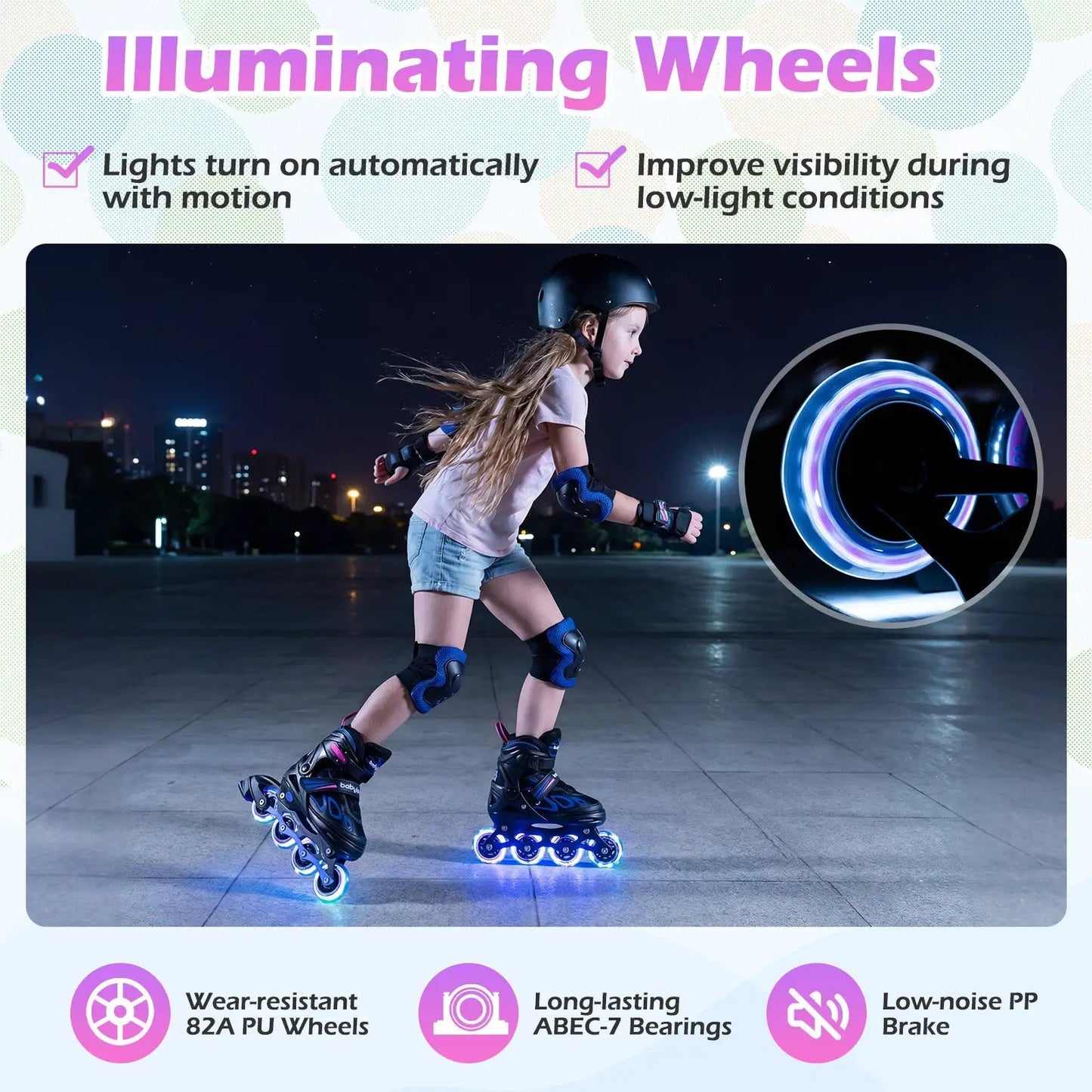 Inline skates by DirectDeals with 4-size adjustability and light-up wheels worn by a child on Tampa Home & Garden Store