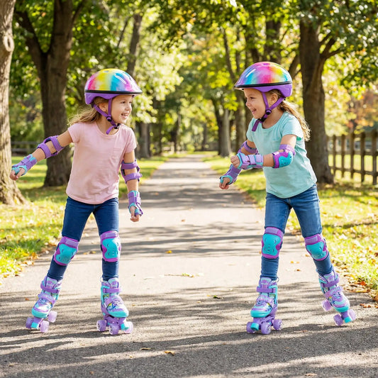 Kids' adjustable DirectDeals roller skates with light-up wheels in purple-teal worn by 2 kids on Tampa Home & Garden Store