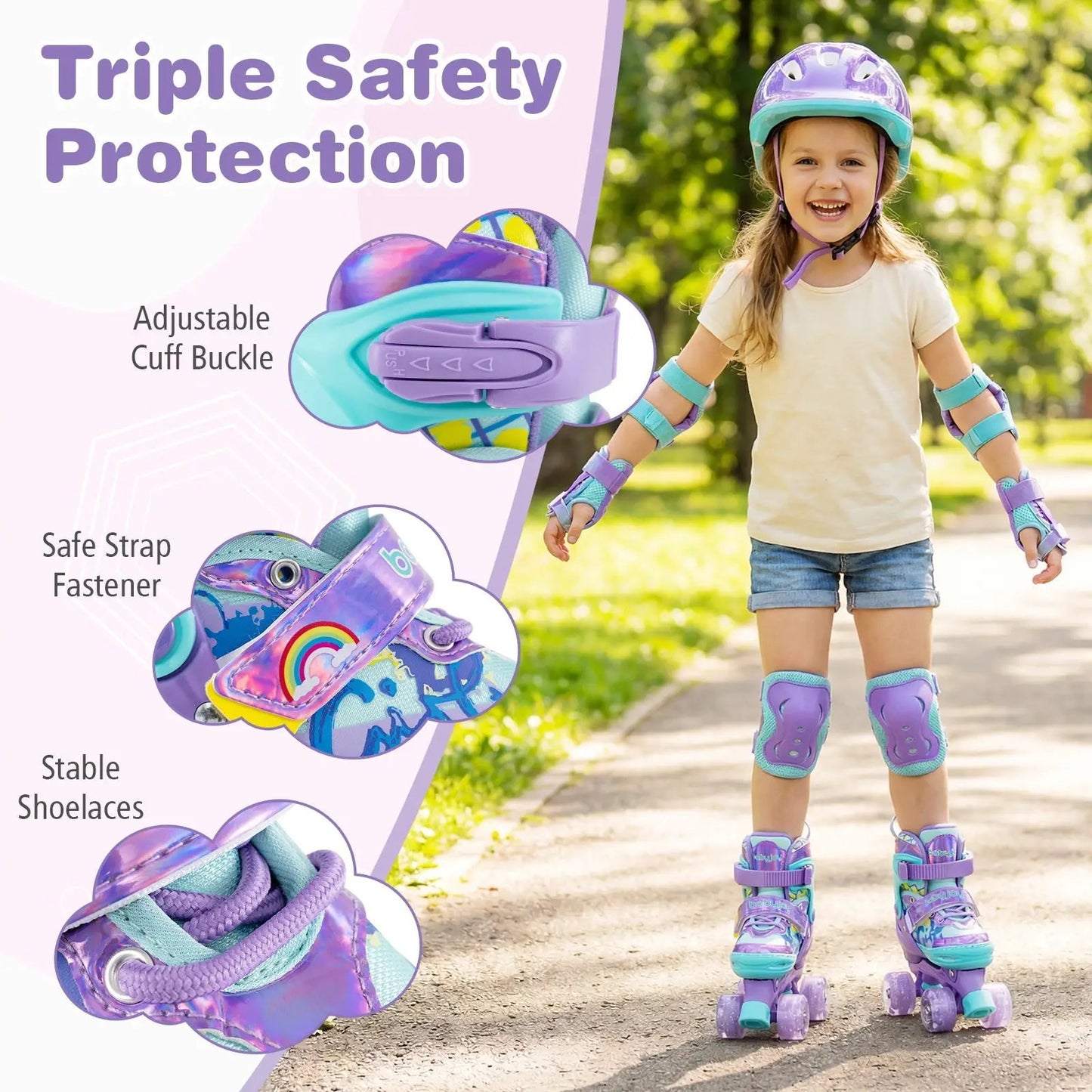 Kids' 4-size adjustable Roller Skates with Light Wheels in purple turquoise with safety straps on Tampa Home & Garden Store