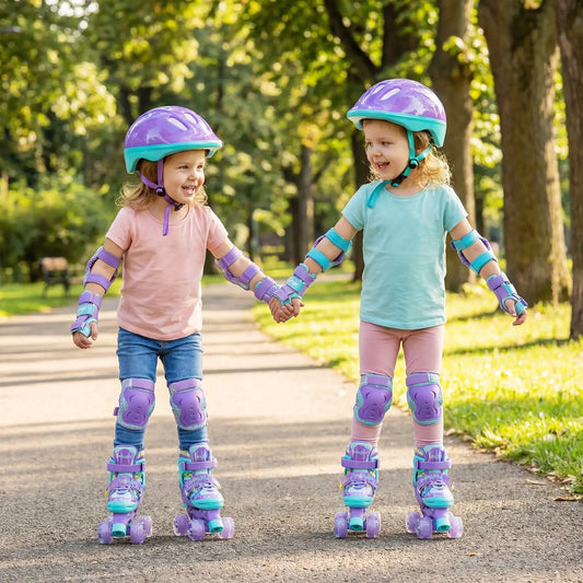 Adjustable kids roller skates with light-up wheels, purple and teal, worn by two in park on Tampa Home & Garden Store