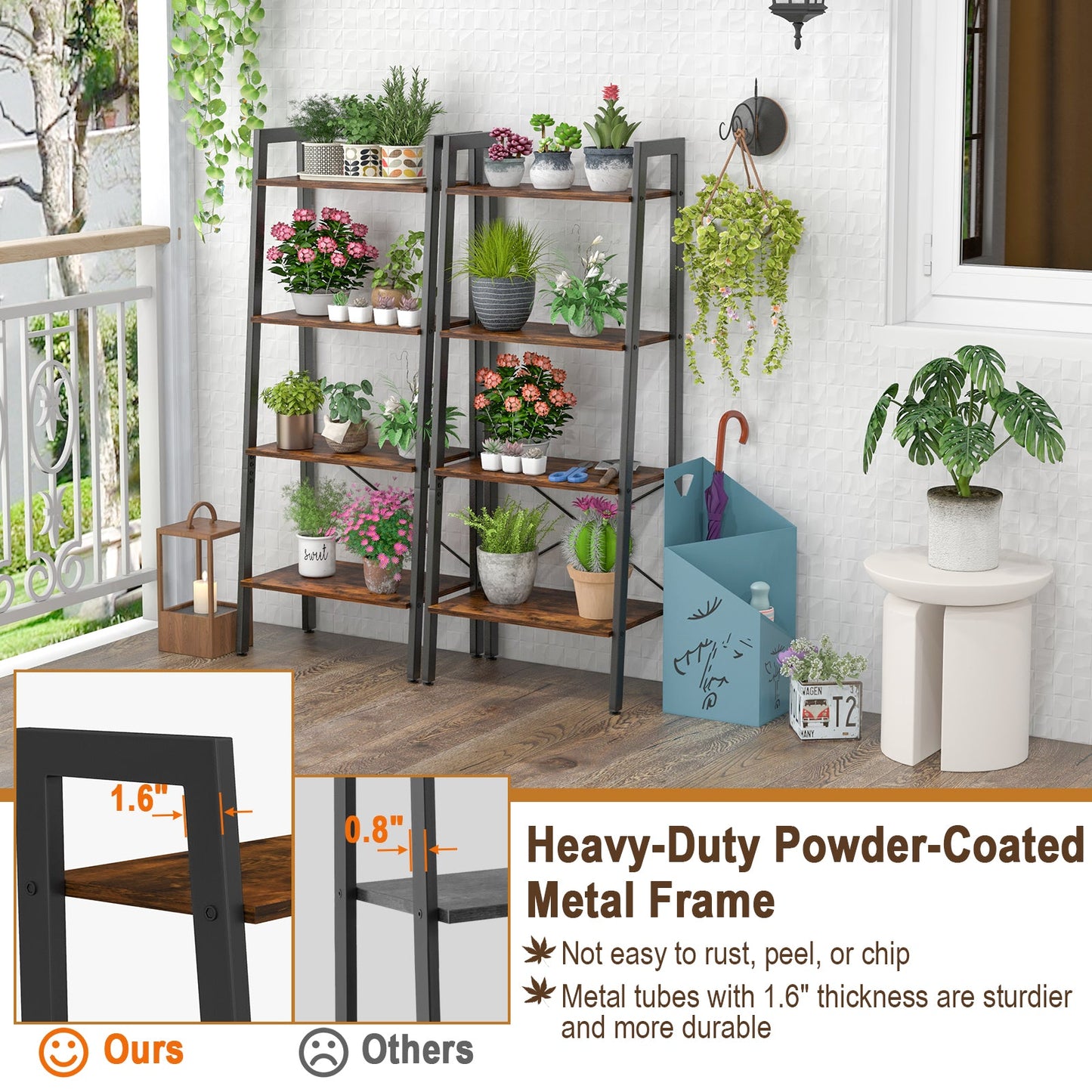 4-Tier Bookshelf with metal frame and wood shelves, black powder-coated finish, foot pads on Tampa Home & Garden Store