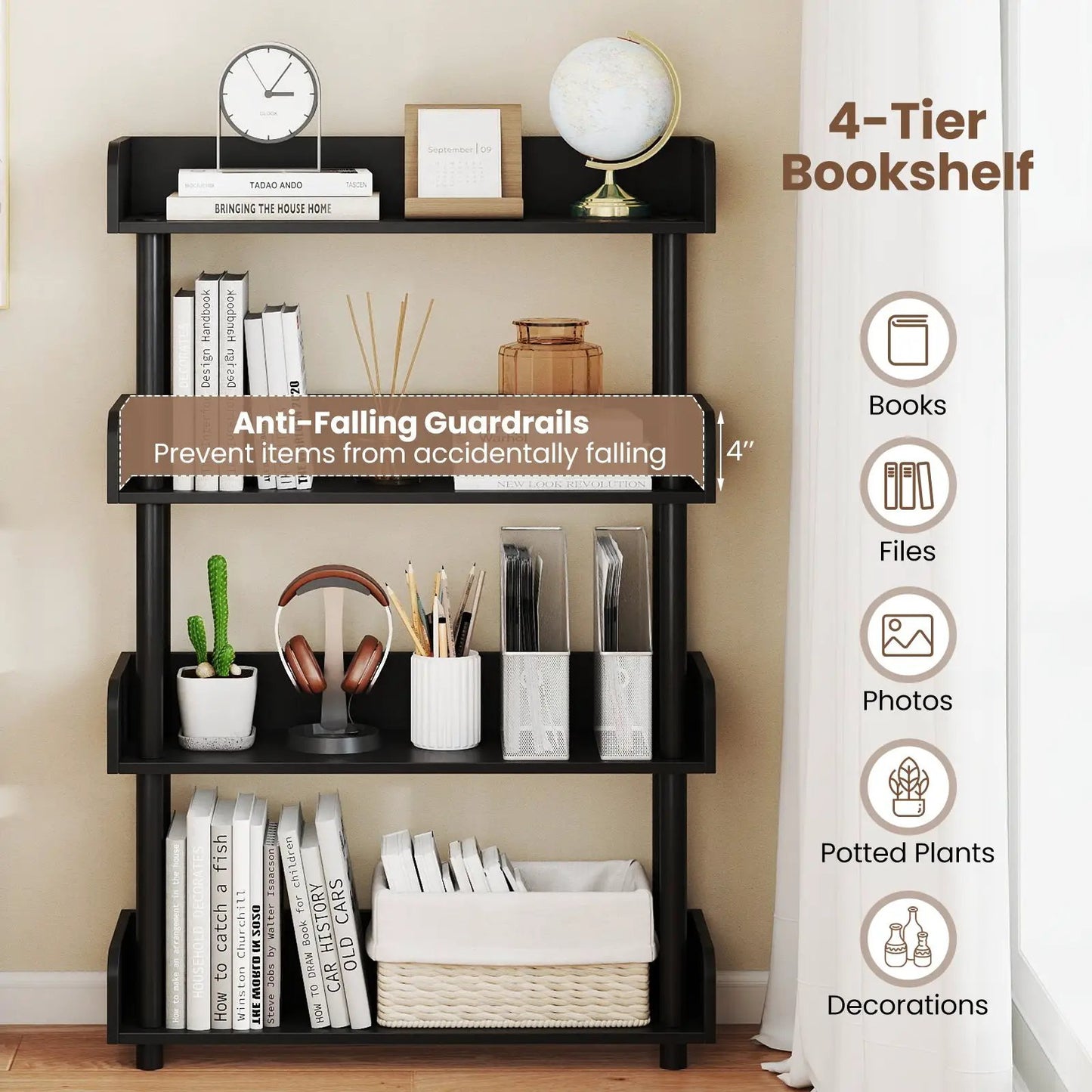 4-Tier Bookshelf Open Bookcase with anti-tip guards, black metal frame, 4 shelves DirectDeals on Tampa Home & Garden Store
