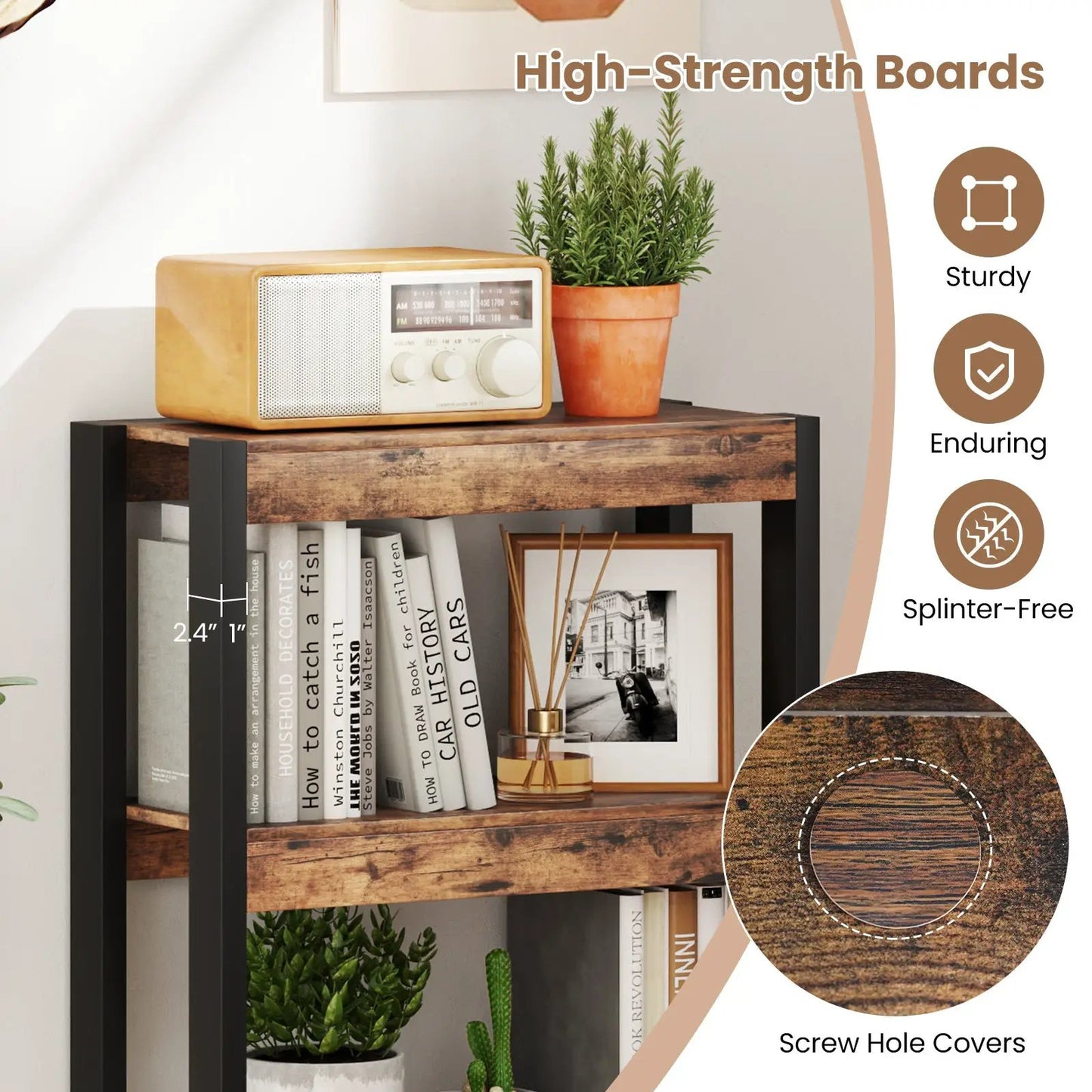 Four Tier Wooden Bookshelf with Anti Tipping Kits, rustic shelves and black metal frame on Tampa Home & Garden Store