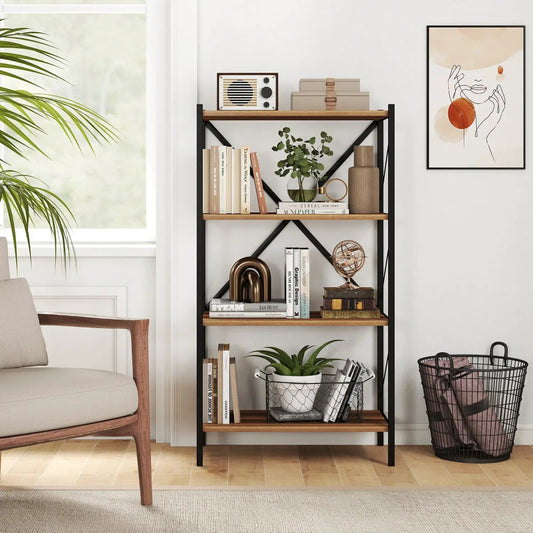 Four-Tier Bookshelf with heavy-duty metal frame and natural wood shelves DirectDeals on Tampa Home & Garden Store