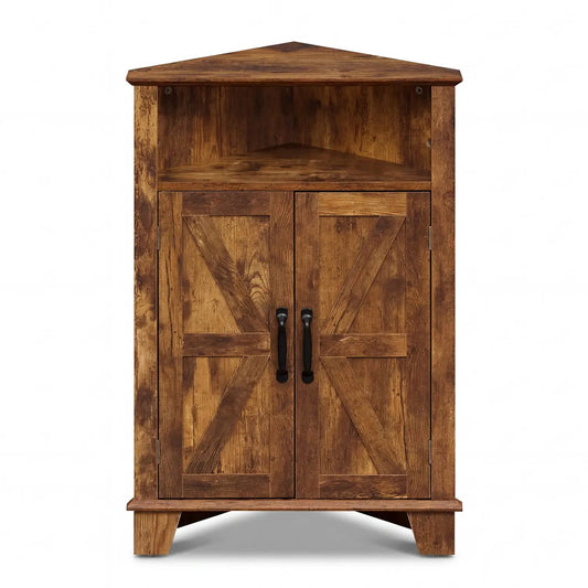 4-Tier Corner Cabinet with Open Shelf rustic wood finish barn-style X-panel doors black hardware on Tampa Home & Garden Store