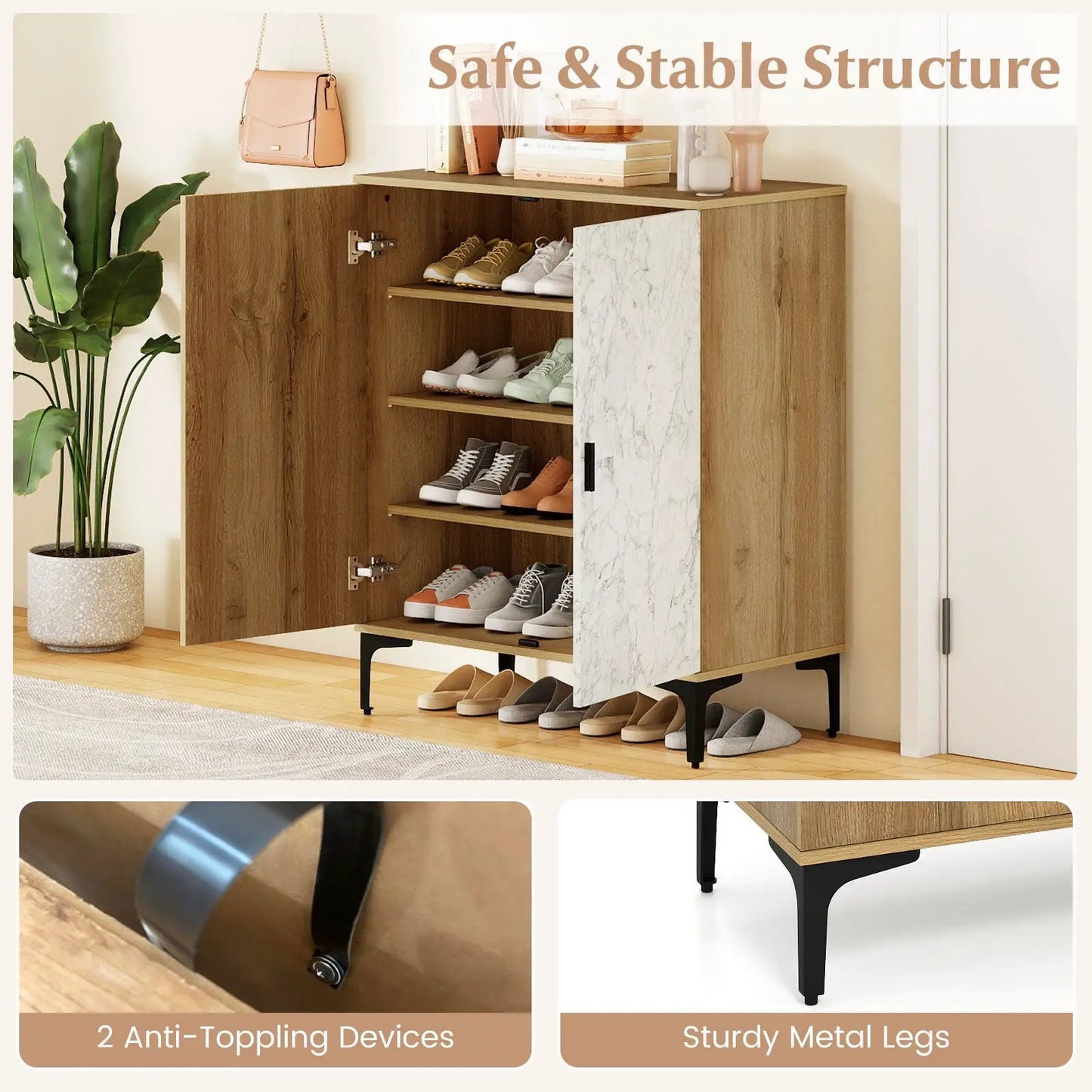 Farmhouse 4-tier shoe storage cabinet with marble panel door and black metal legs on Tampa Home & Garden Store