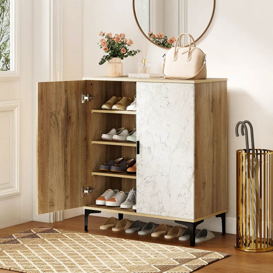 Farmhouse 4 Tier Shoe Storage Cabinet with wood grain sides and marble panel doors, metal legs on Tampa Home & Garden Store