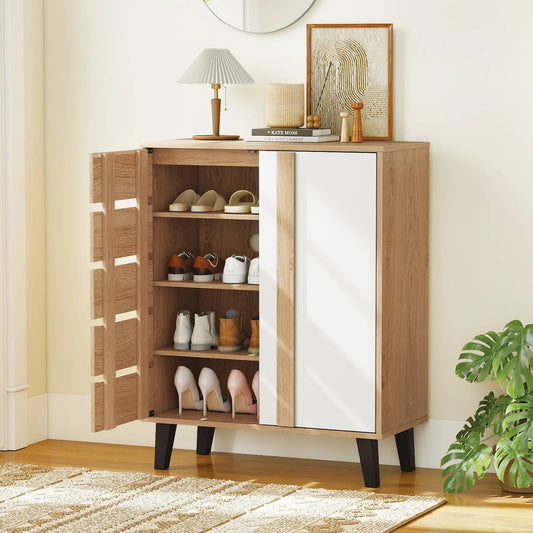 4-Tier Shoe Organizer with Louvered Door in natural wood, white panel door, DirectDeals shoe storage cabinet on Tampa Home & Garden Store
