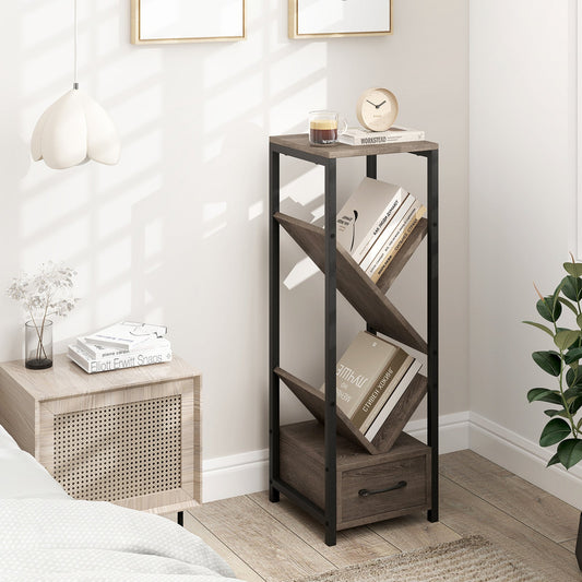 4 Tier Floor Tree Bookshelf with Drawer and Metal Frame-Gray - Tampa Home & Garden Store