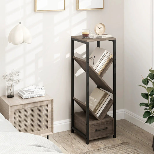 4-Tier Tree Bookshelf with Drawer, black metal frame and wood shelves on Tampa Home & Garden Store