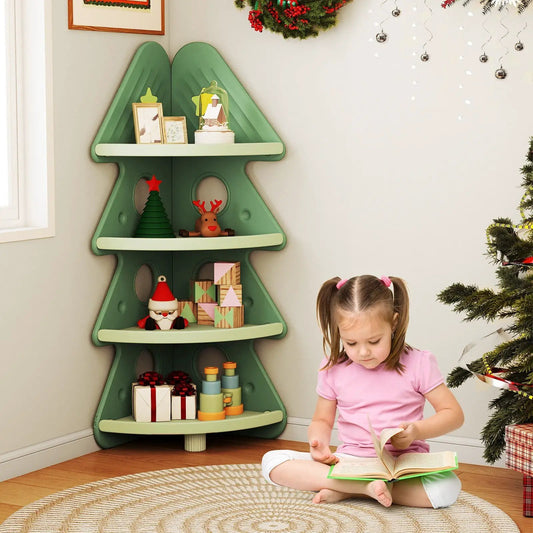 Green 4-Tier Kids Corner Bookshelf with anti-tip design, tree-shaped shelf filled with toys on Tampa Home & Garden Store