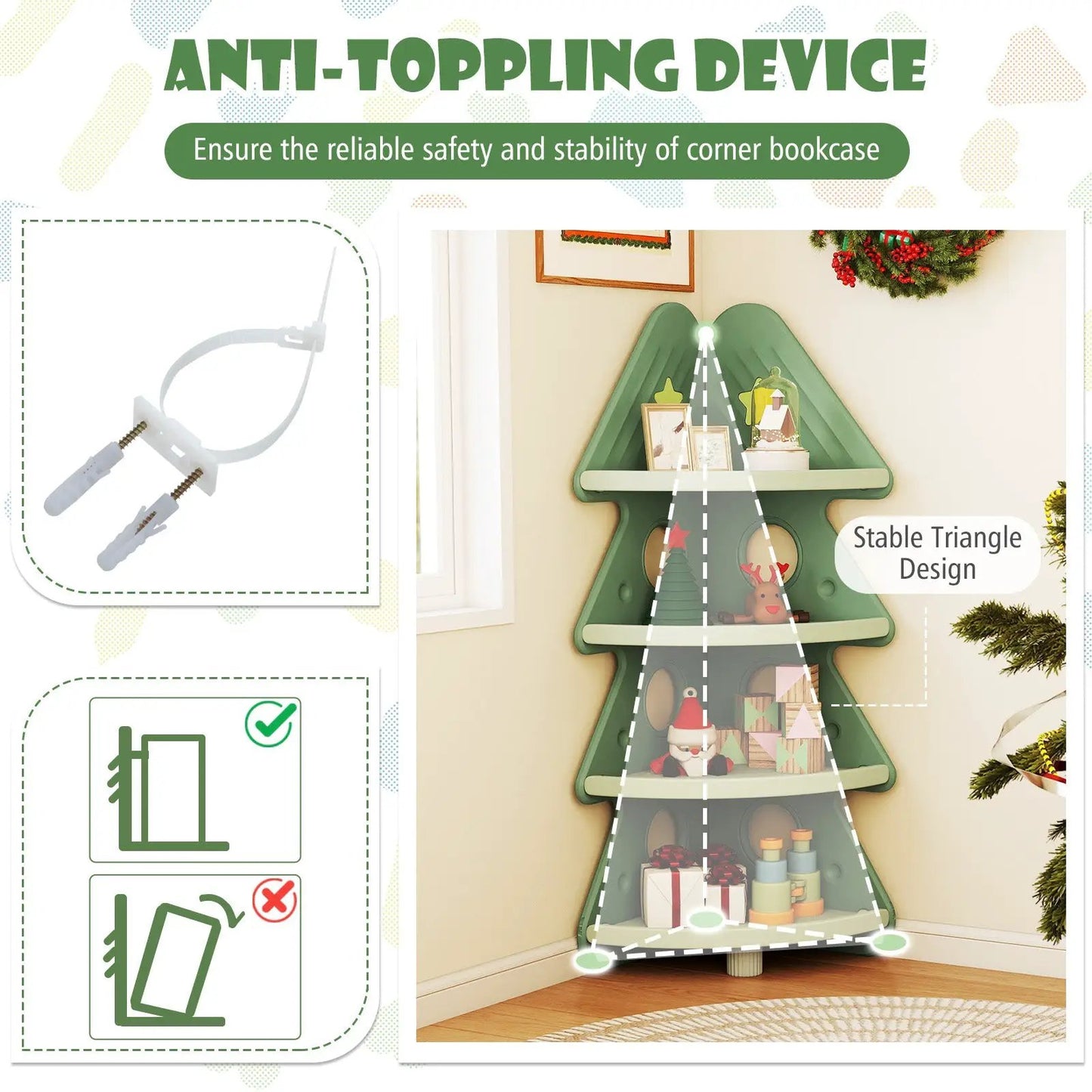 Green 4-Tier Kids Corner Bookshelf with anti-tip device kit on Tampa Home & Garden Store