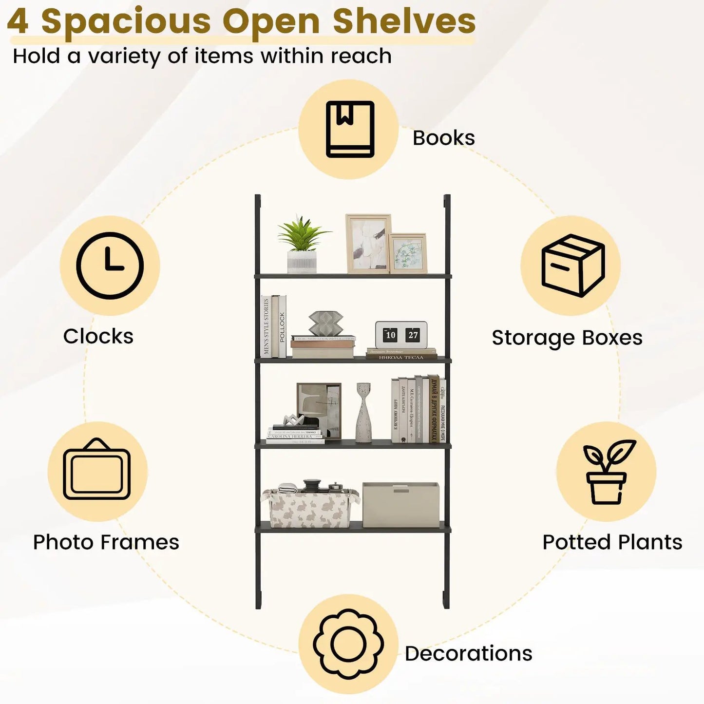 DirectDeals 4-tier black ladder shelf wall-mounted bookcase with plant, photo frames and books on Tampa Home & Garden Store