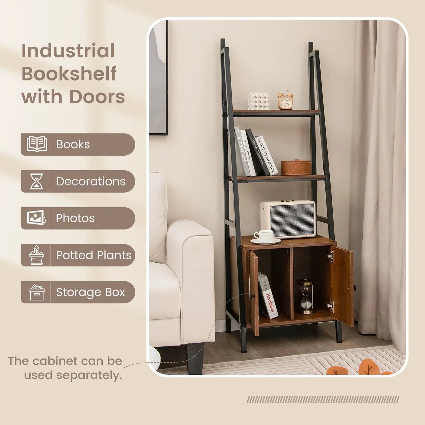 4-Tier ladder shelf with cabinet, metal frame, rustic brown finish by DirectDeals on Tampa Home & Garden Store
