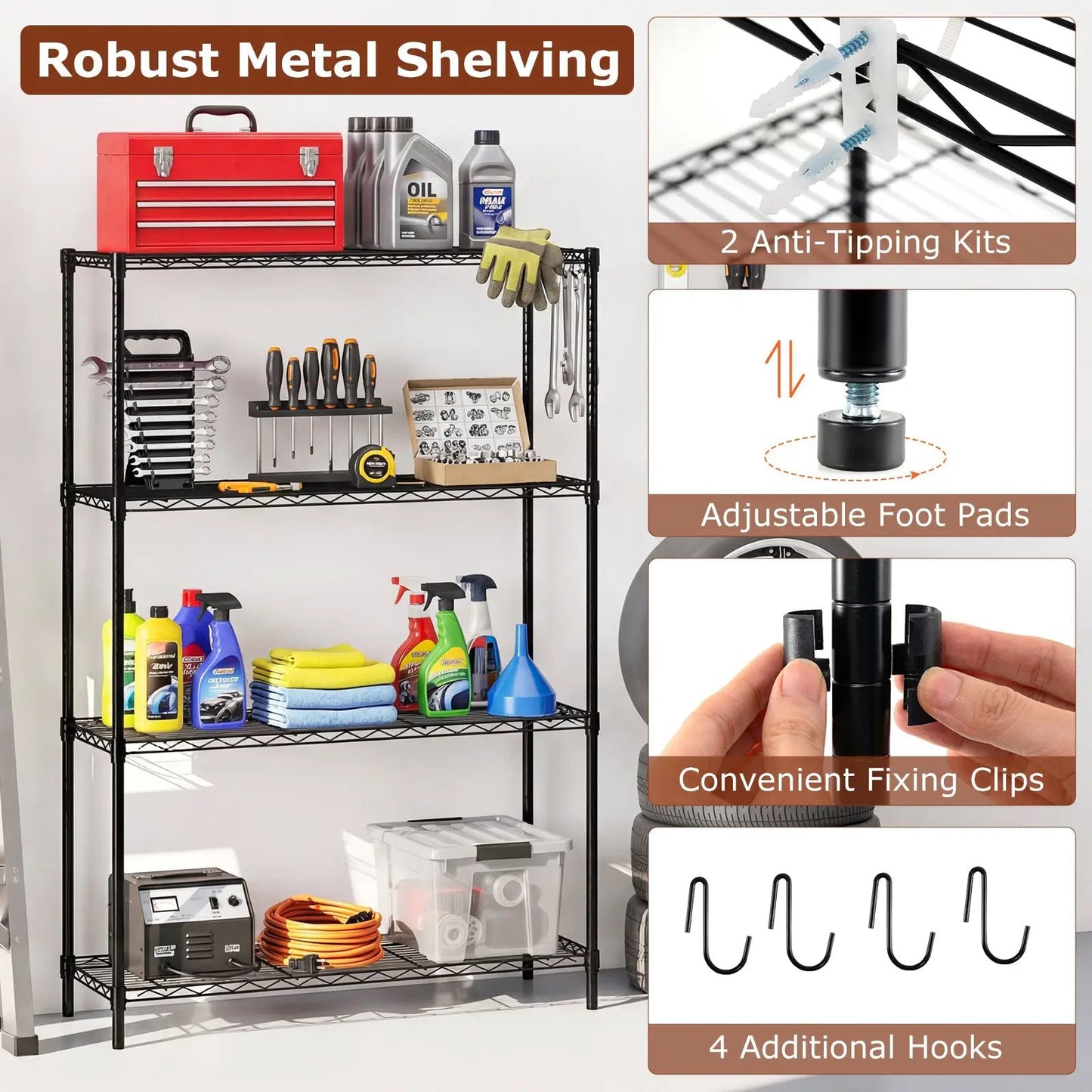 4-Tier metal shelving unit with 1000-lb capacity, black steel industrial storage on Tampa Home & Garden Store
