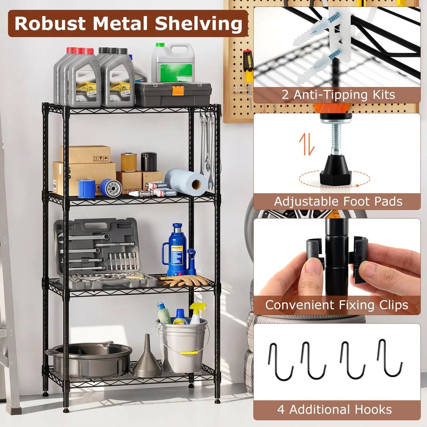 4-Tier metal storage shelving unit set of 2 black wire racks with adjustable feet on Tampa Home & Garden Store