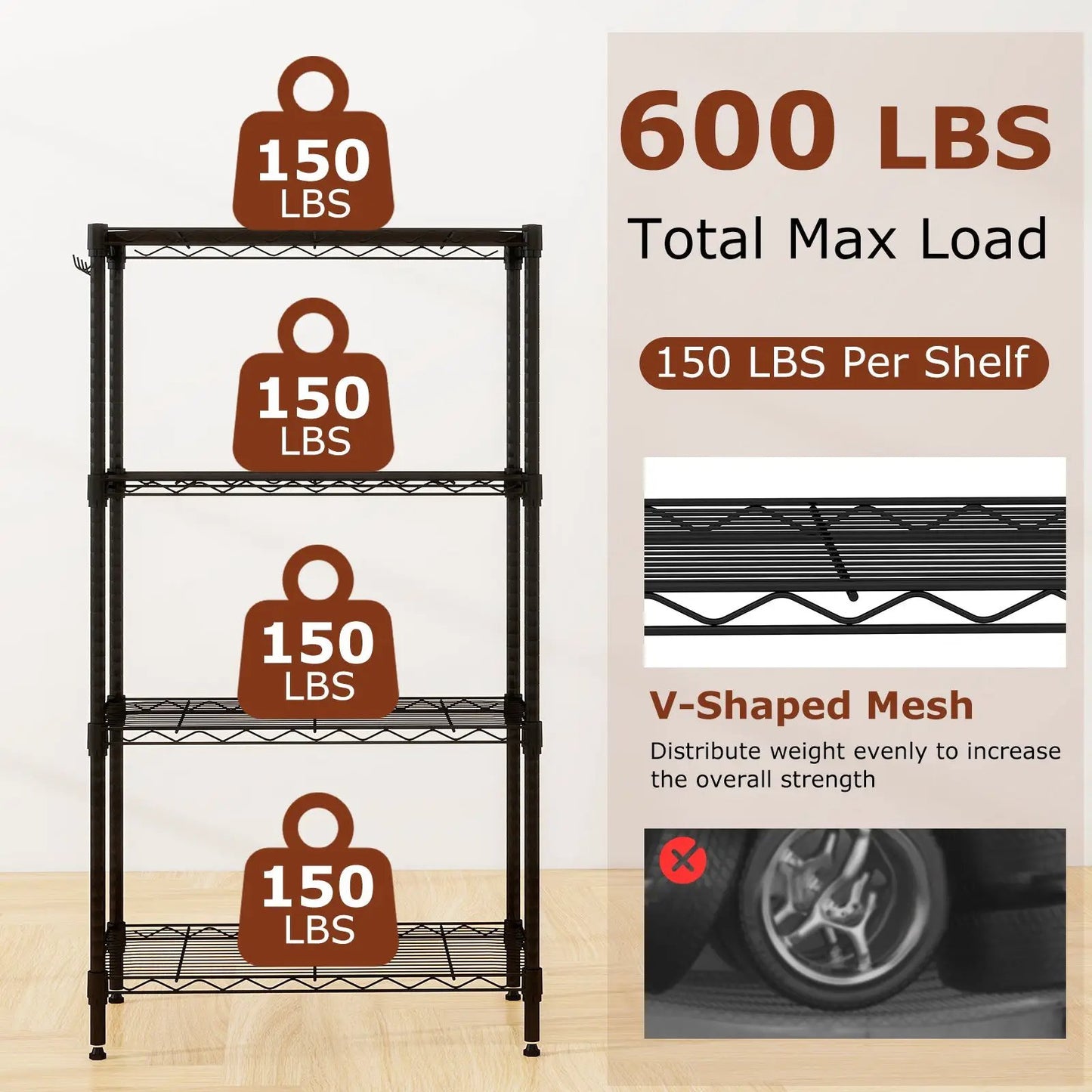 4-tier black metal storage shelving unit with 150 lbs per shelf and 600 lbs total capacity on Tampa Home & Garden Store