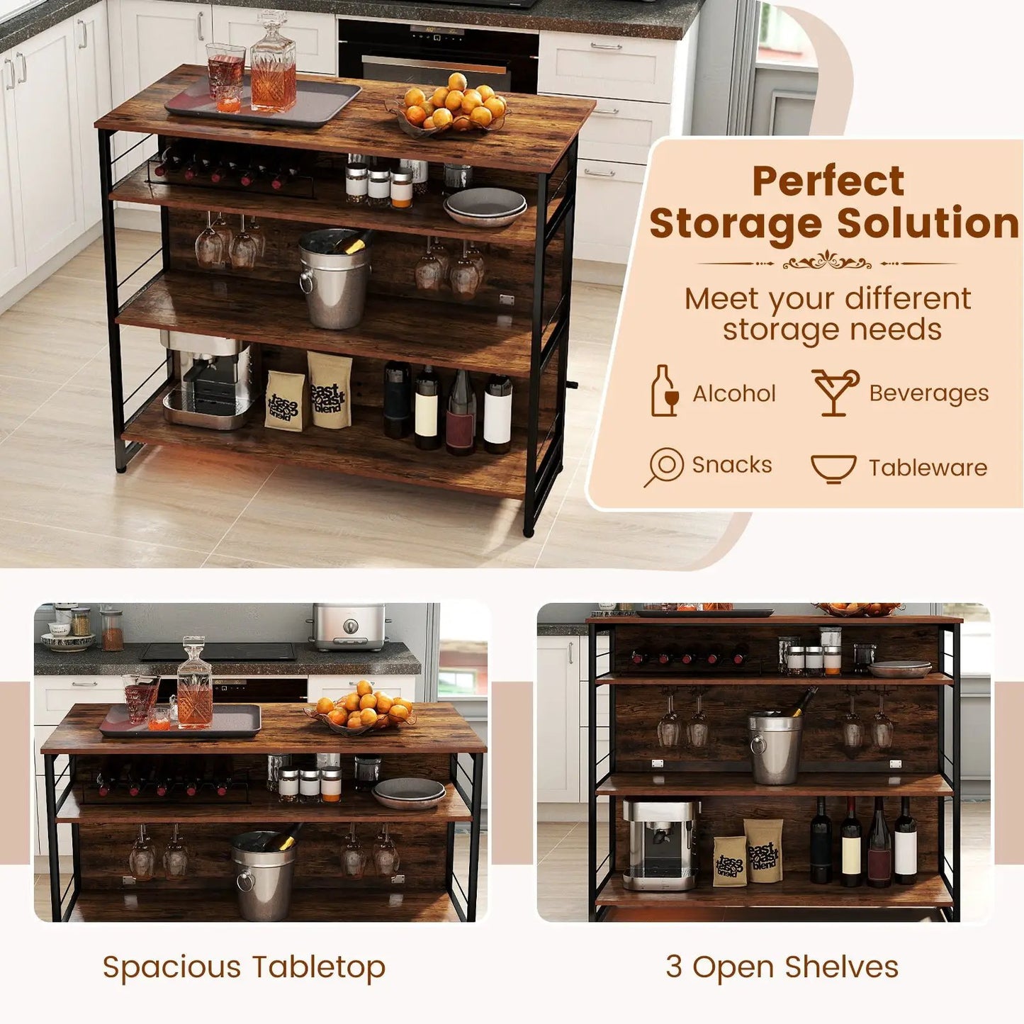 Four Tier Mini Bar Island with Wine Rack in dark wood top and black frame wine storage on Tampa Home & Garden Store