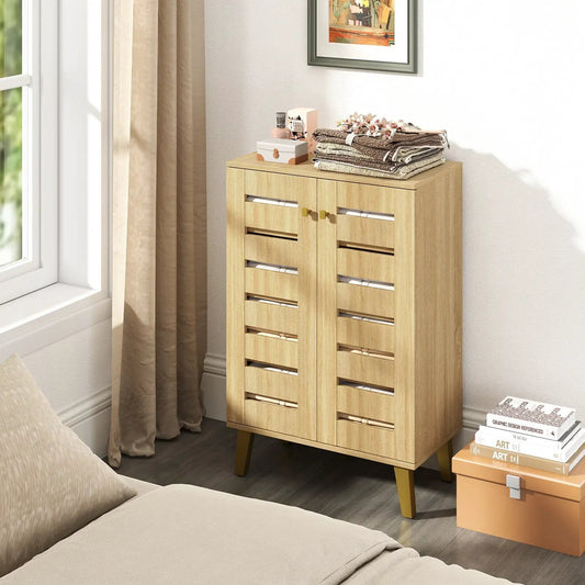 Four-Tier Modern Freestanding Oak Shoe Cabinet by DirectDeals with double doors on Tampa Home & Garden Store