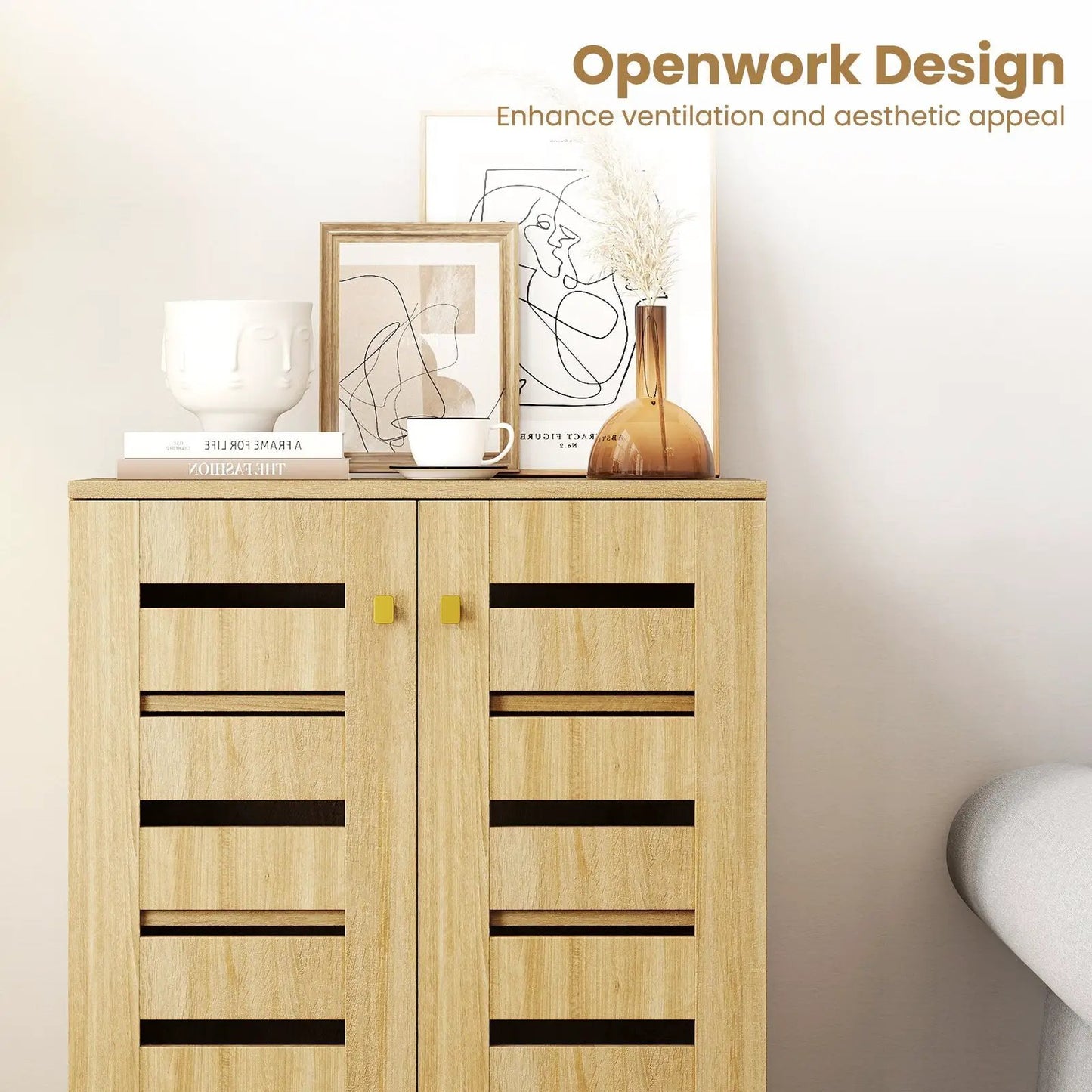 Four Tier Modern Freestanding Oak Shoe Cabinet DirectDeals with gold-tone drawer handles on Tampa Home & Garden Store