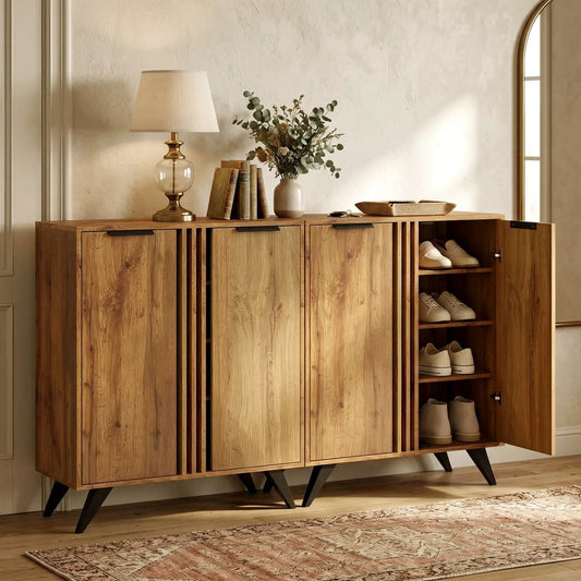 4-tier shoe cabinet with 2 doors in natural wood finish, right-side open shelves with shoes on Tampa Home & Garden Store