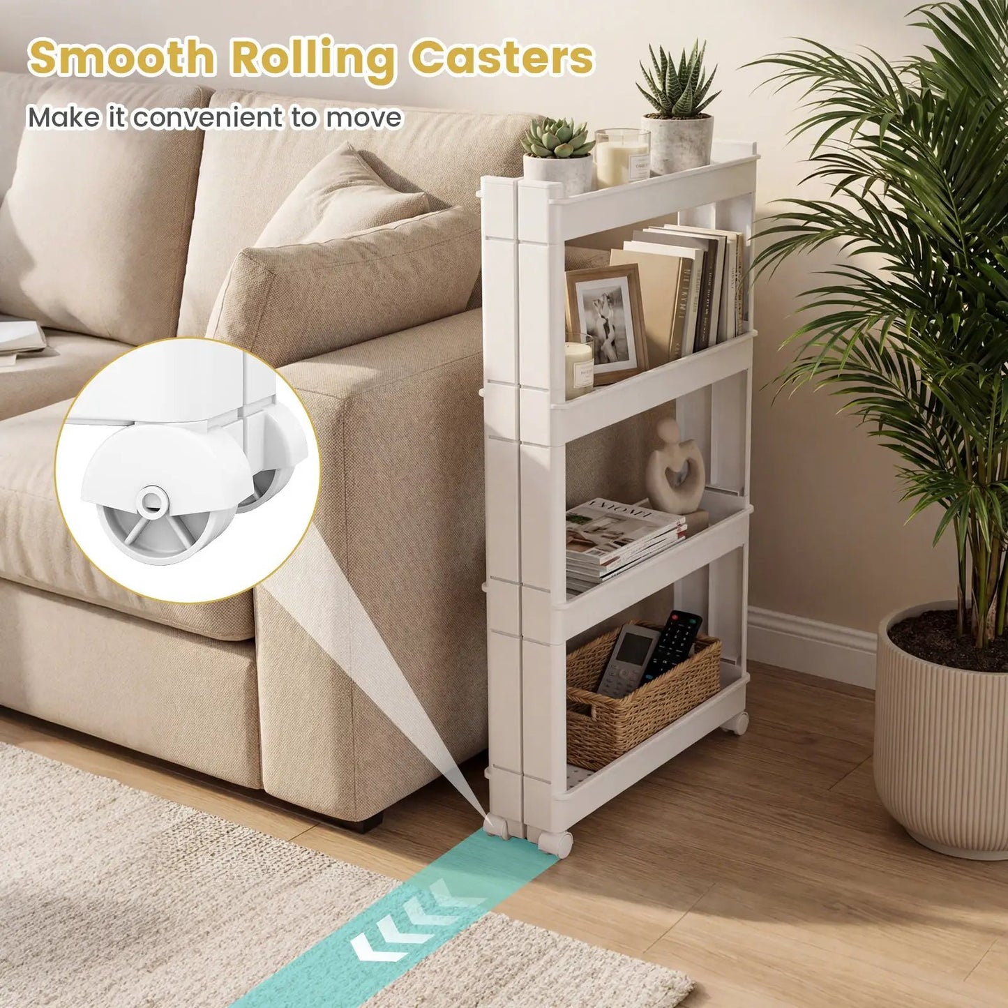 Four Tier Slim Storage Trolley with Trays, white plastic cart on wheels beside sofa on Tampa Home & Garden Store