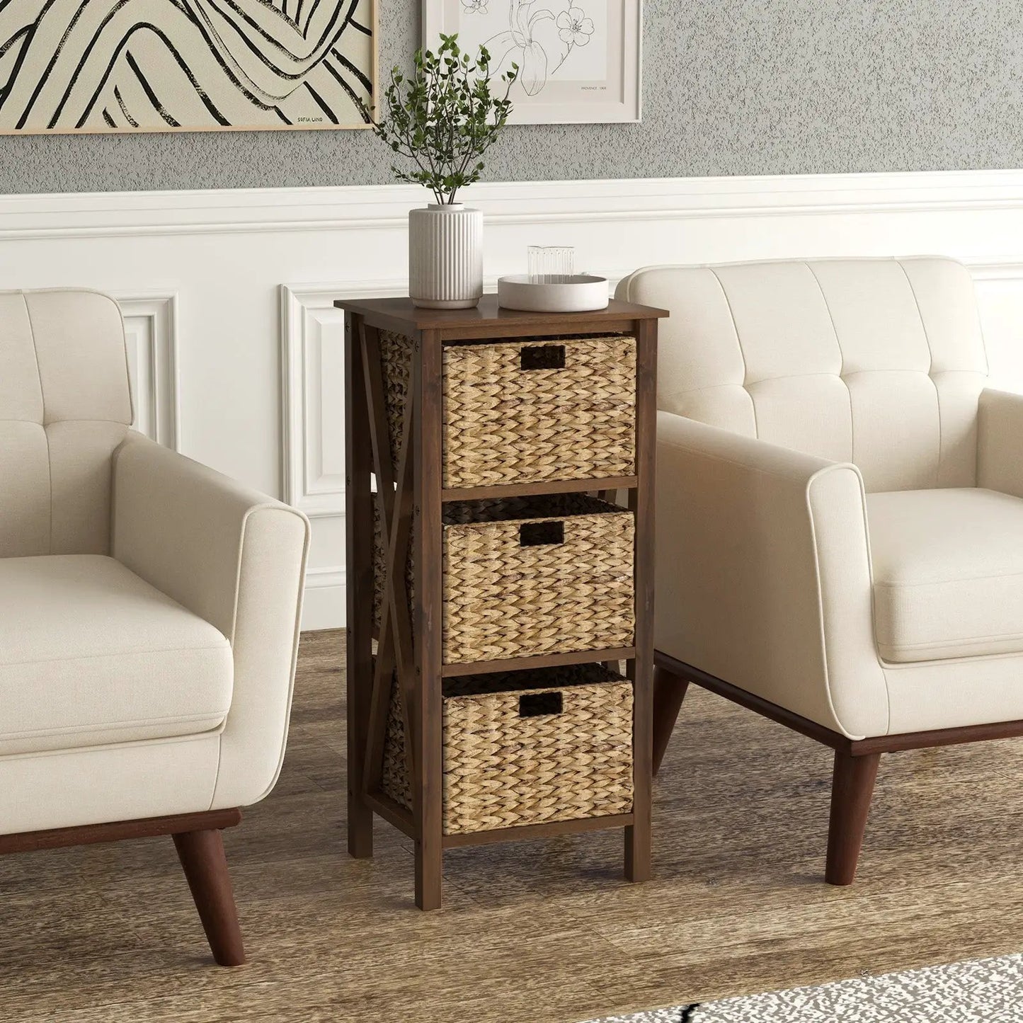 Narrow nightstand with 2 seagrass baskets, dark wood frame, topped with a vase and tray on Tampa Home & Garden Store