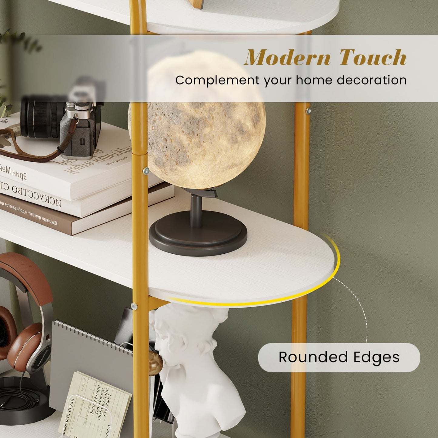 4-Tier Open Bookcase with yellow metal frame and white shelves, holding books and a camera on Tampa Home & Garden Store