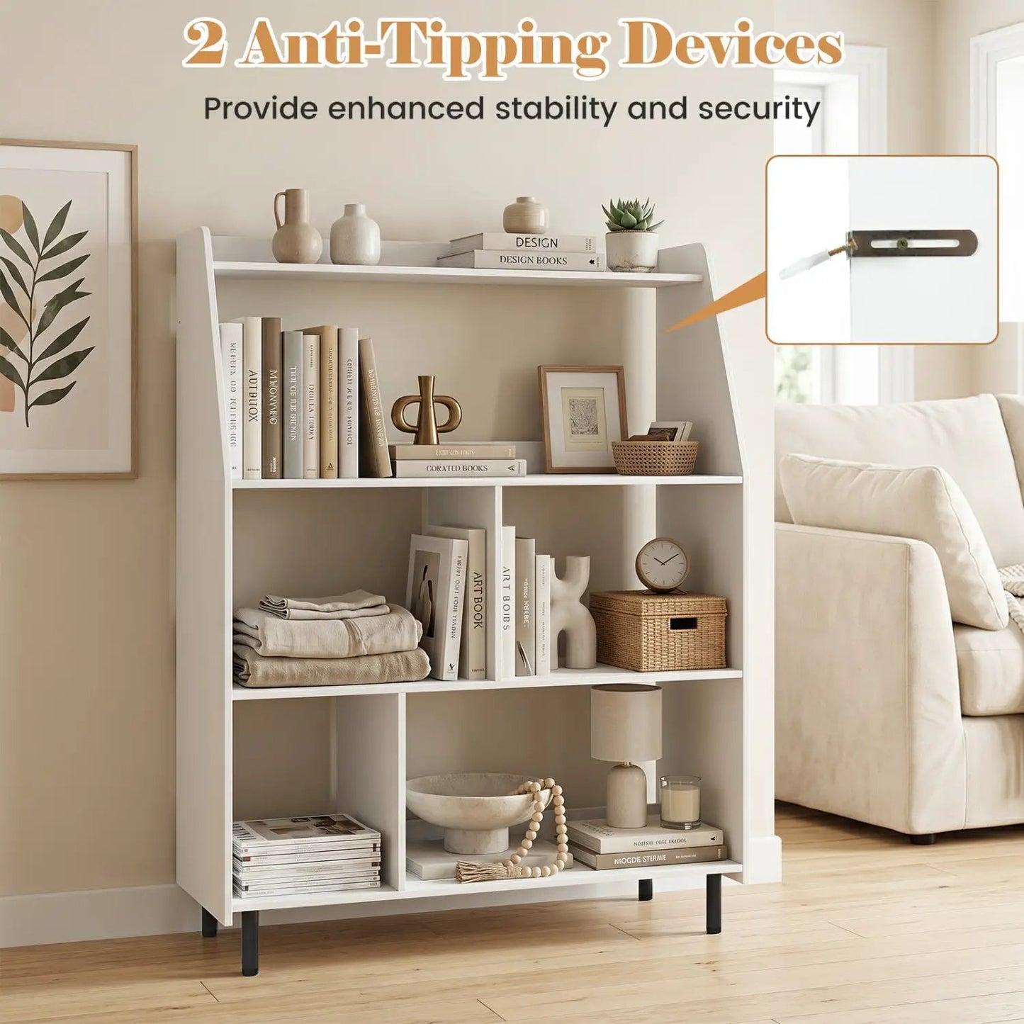 4 Tier Open Bookcase with Anti Tipping Kits White