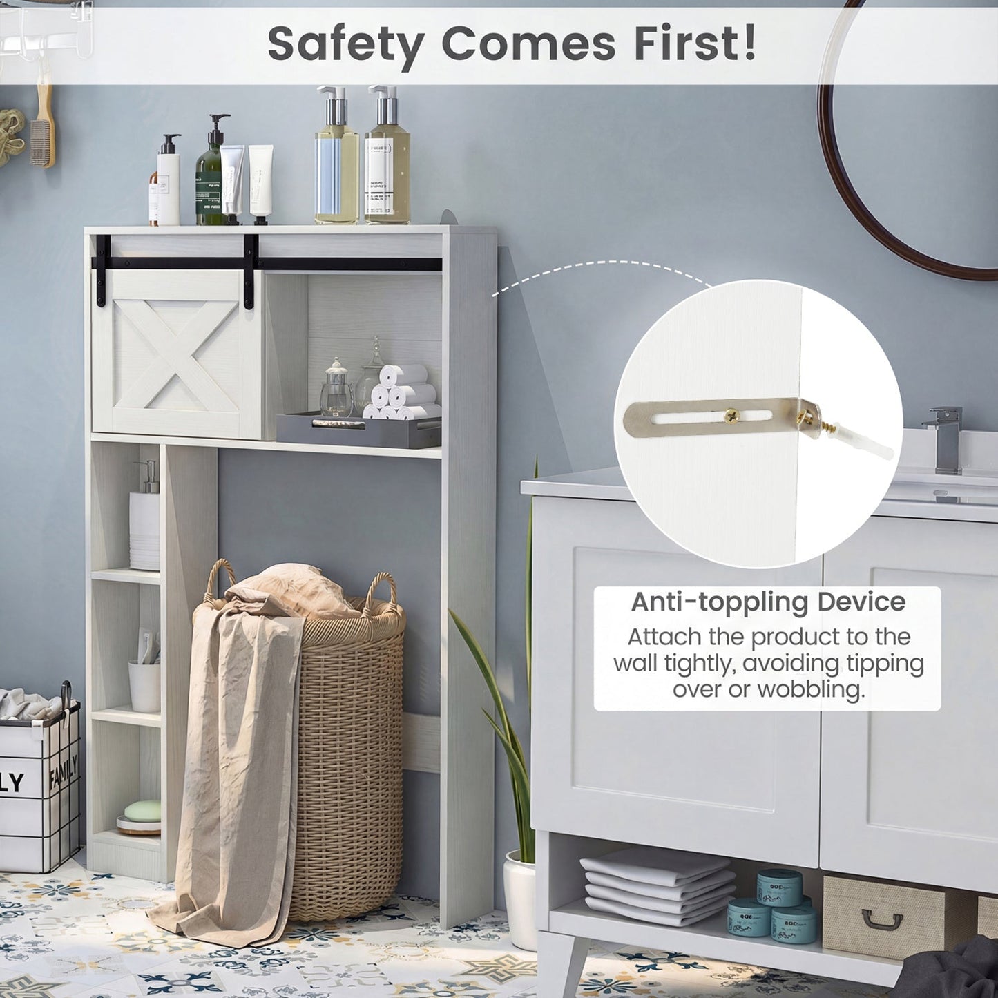 4-Tier over-toilet cabinet with sliding barn door in light gray, shelves for towels and toiletries on Tampa Home & Garden Store