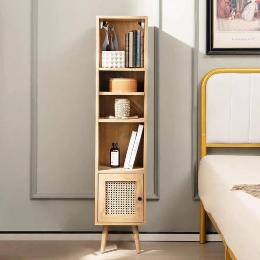 4 Tier Rattan Storage Cabinet Slim Design natural wood finish with woven cane bottom door and decorative books on top shelves on Tampa Home & Garden Store