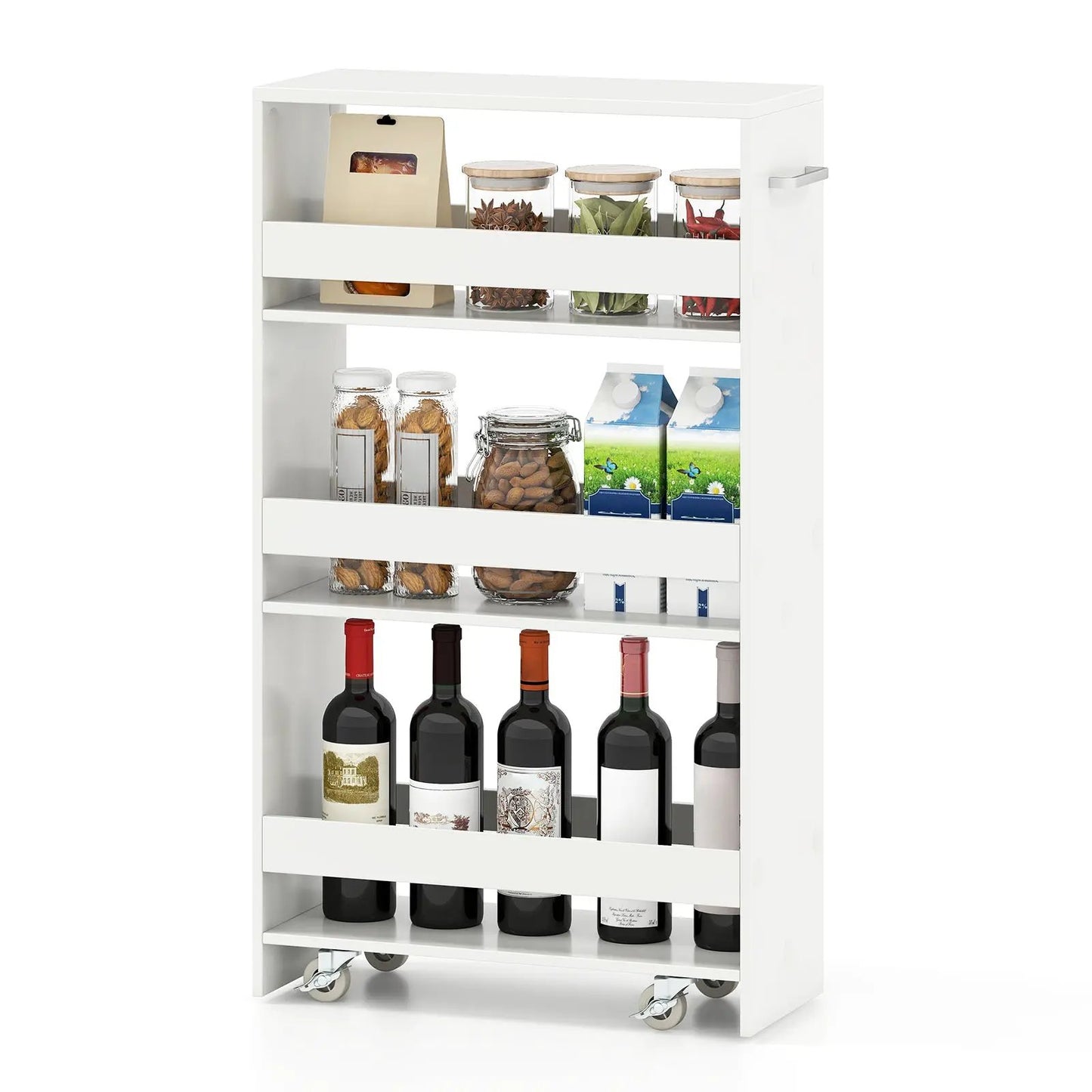 DirectDeals 4-Tier rolling cart on wheels, white with handle, loaded with jars and wine bottles on Tampa Home & Garden Store