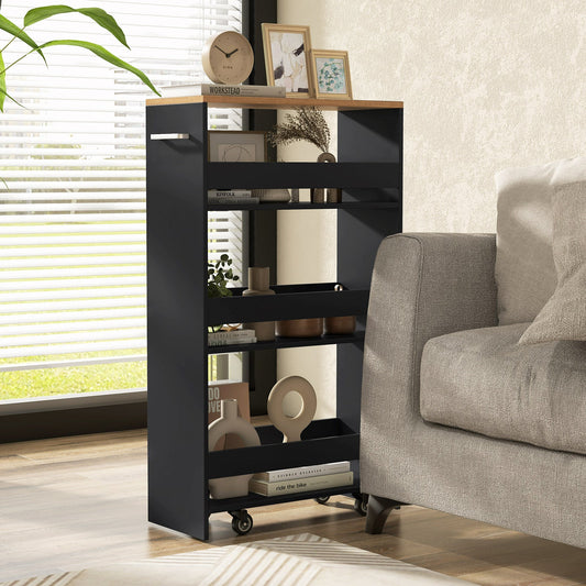 4-Tier Rolling Storage Cart Slim Kitchen Cart on Wheels with Open Shelves and Handle-Black - Tampa Home & Garden Store