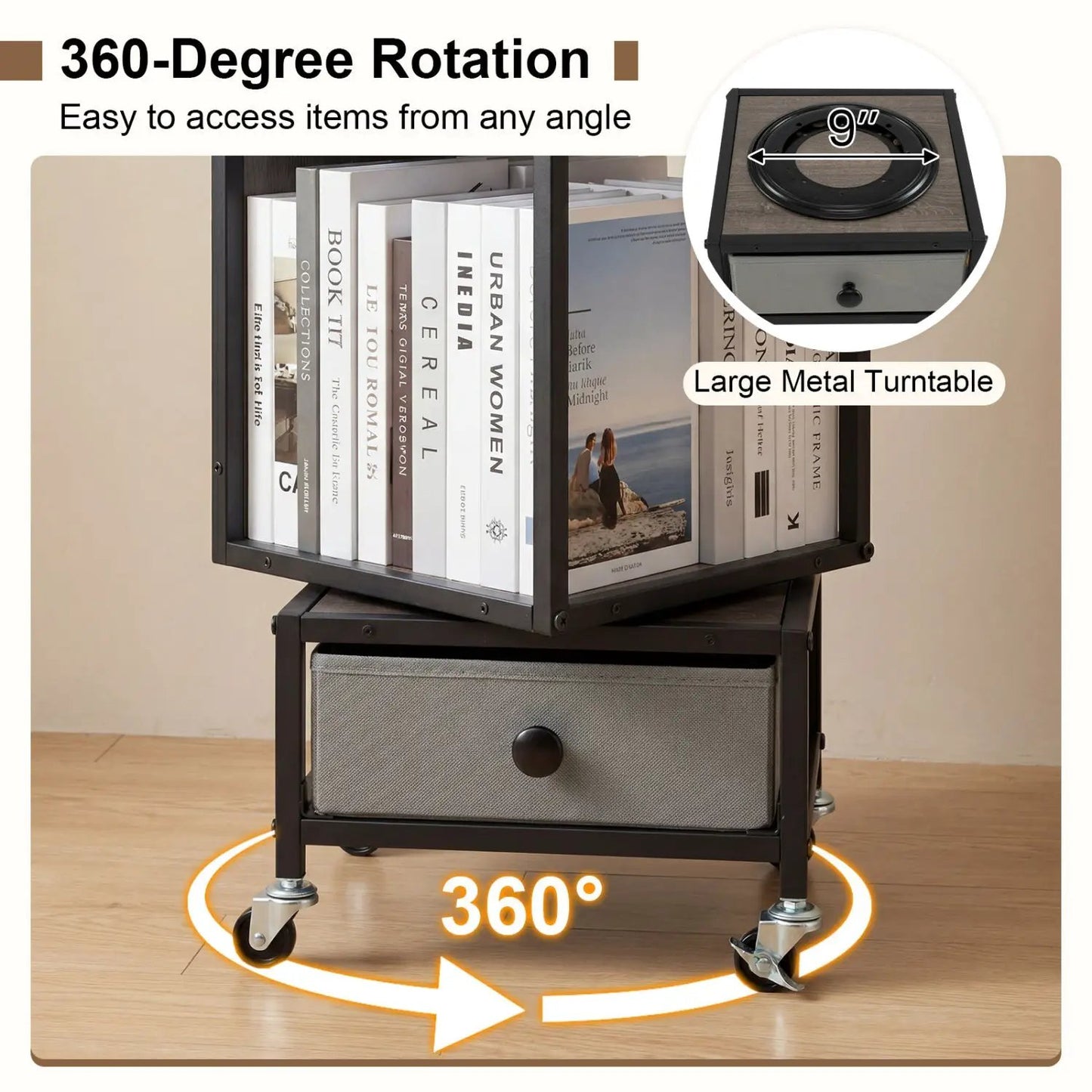 Rotating Bookshelf on Wheels Removable Drawer