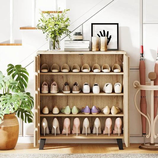 4-Tier Shoe Cabinet 2-Door in natural finish by DirectDeals; wooden shoe rack displaying beige and pastel heels on Tampa Home & Garden Store