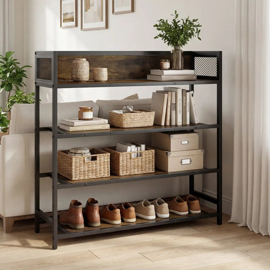 DirectDeals 4-Tier Industrial Shoe Rack with heavy-duty black metal frame and wood shelves on Tampa Home & Garden Store