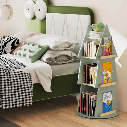 4 Tier Tree Shape Kids Rotating Bookshelf in sage green with white shelves holding children's books on Tampa Home & Garden Store