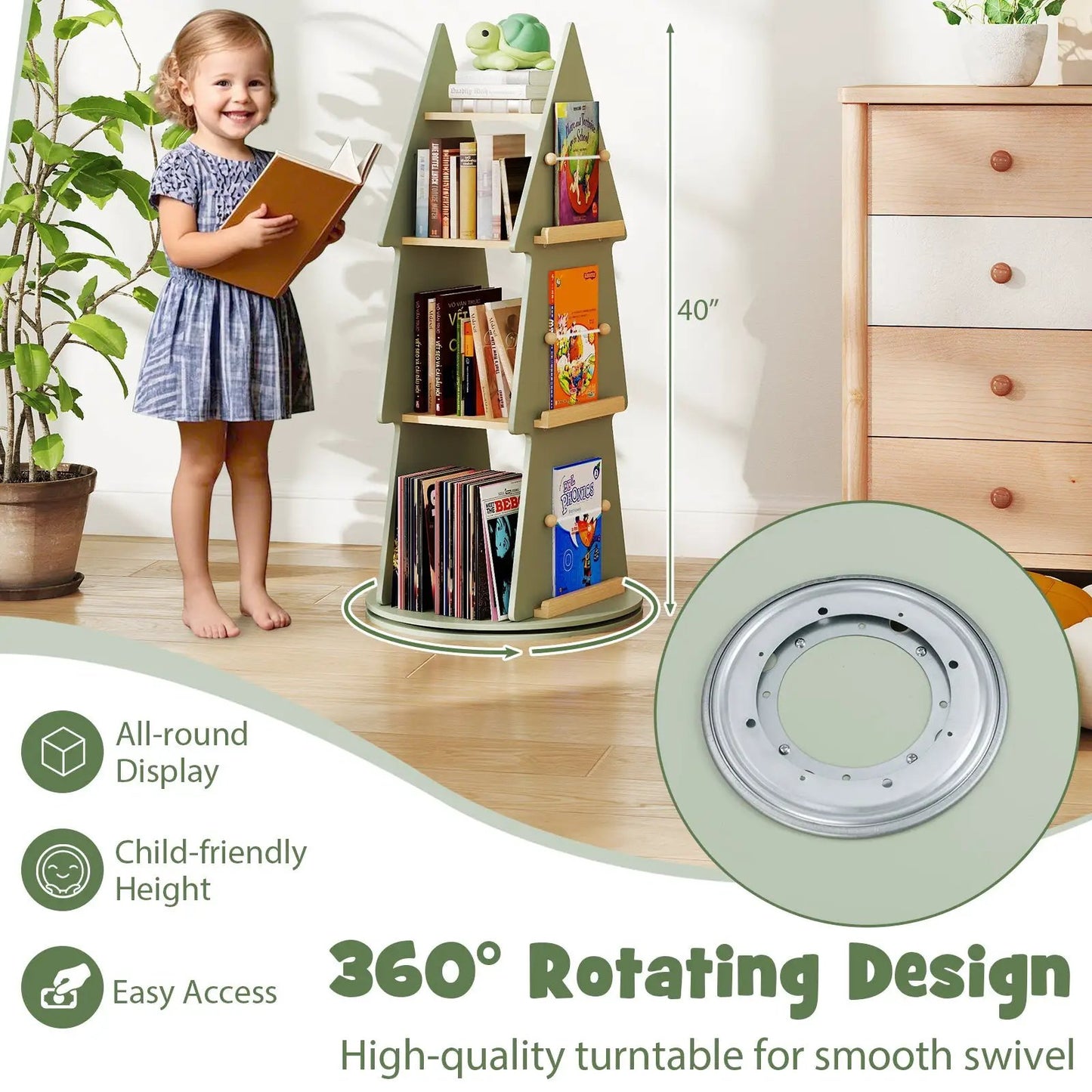 4 Tier Tree Shape Kids Rotating Bookshelf green wood 4 shelves rotating display DirectDeals on Tampa Home & Garden Store