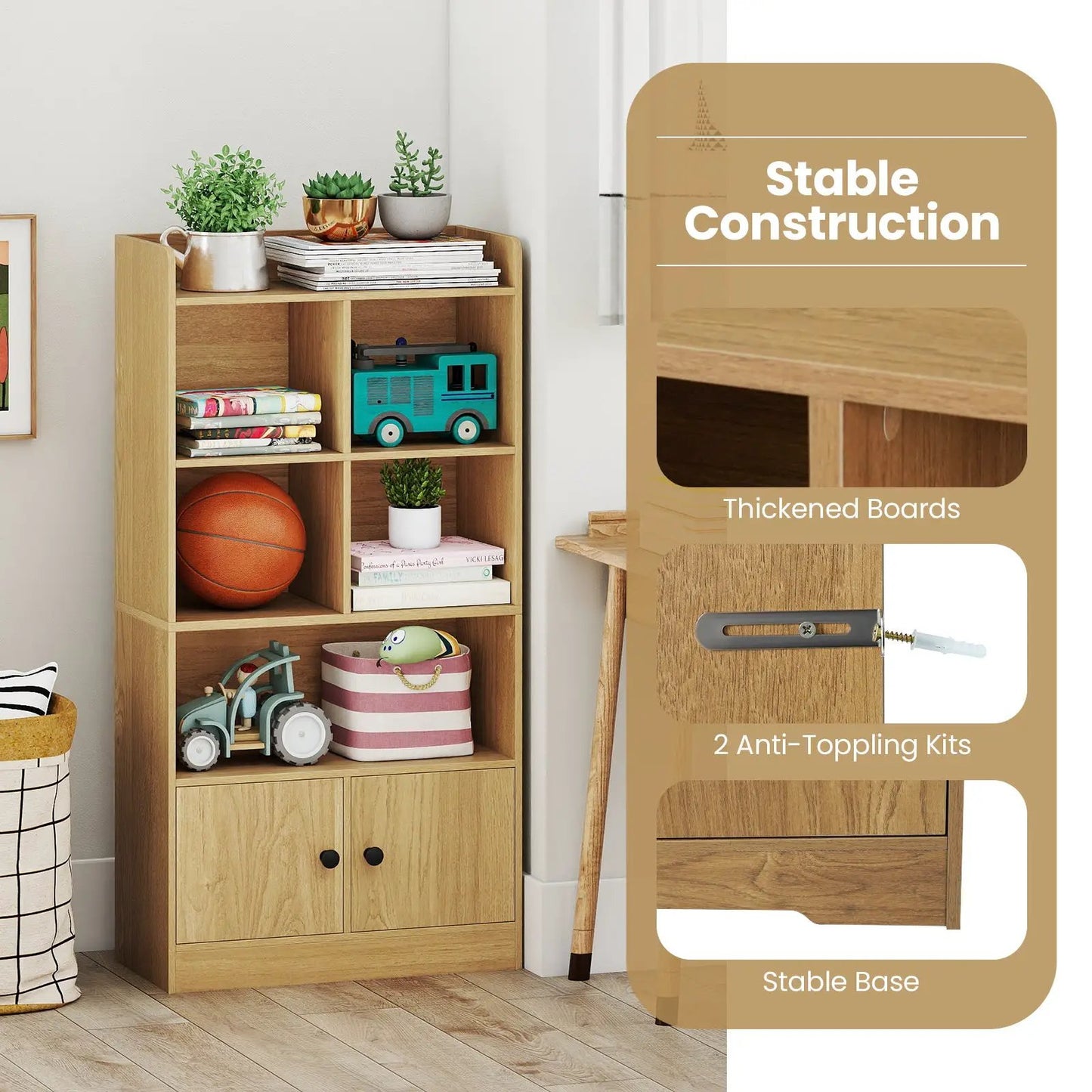 4-tier bookshelf with cube storage and cabinet doors, natural oak finish, DirectDeals on Tampa Home & Garden Store
