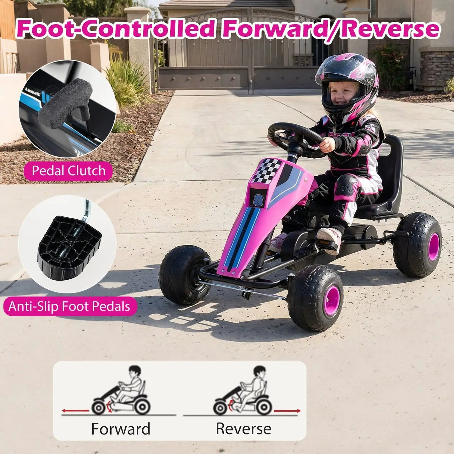 4-Wheel Go Kart for Kids with Steering Wheel, pink frame, DirectDeals, pedal clutch on Tampa Home & Garden Store