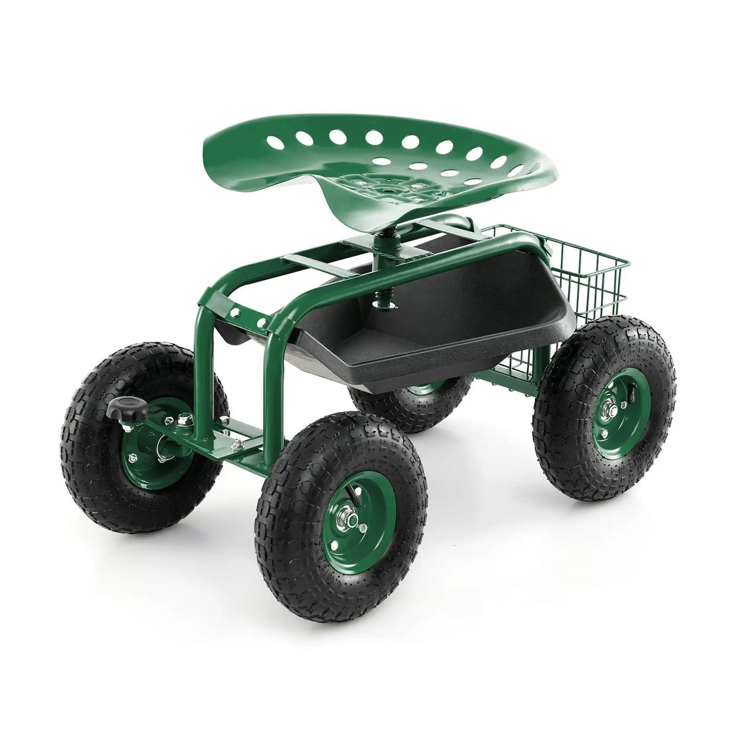 4-Wheel Rolling Garden Cart Work Seat green frame with plastic tub and wire basket on Tampa Home & Garden Store