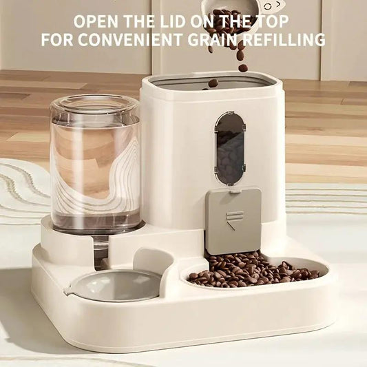 2 in 1 Moktan Sabai pet feeder and water dispenser in white with transparent reservoir on Tampa Home & Garden Store