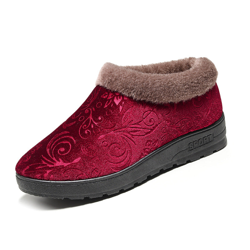 Women's red velvet slipper Stevvex with plush fur cuff, embossed floral pattern, non-slip sole on Tampa Home & Garden Store