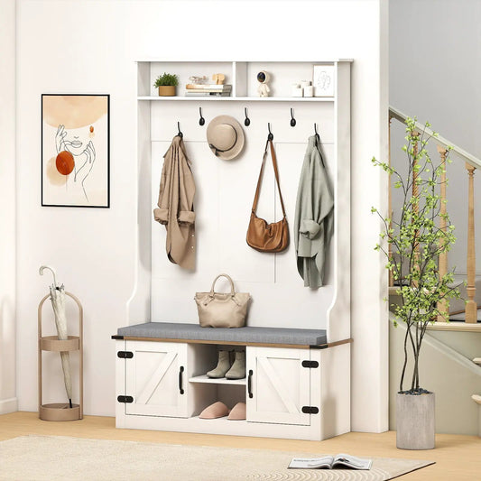 4-in-1 Coat Rack Cushioned Bench white hall tree with hooks and shoe storage DirectDeals on Tampa Home & Garden Store