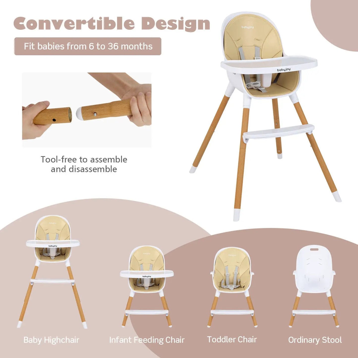 4-in-1 Convertible Baby High Chair with Tray, beige seat, white tray, wooden legs, babyjoy on Tampa Home & Garden Store
