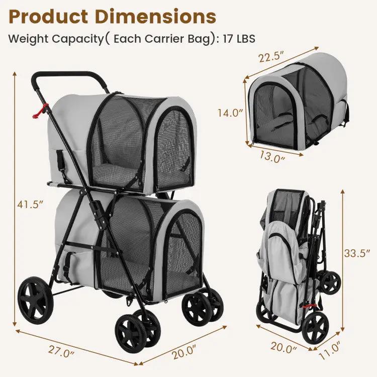 4-in-1 Pet Stroller with Detachable Carriers gray fabric, black frame, mesh enclosures on Tampa Home & Garden Store