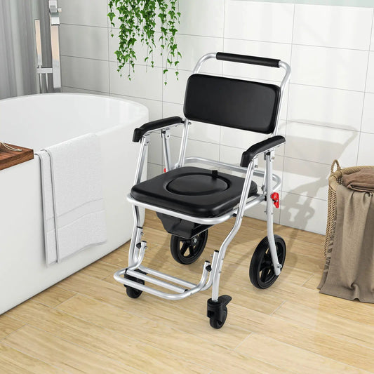 4-in-1 foldable bedside commode chair with brakes and bucket; DirectDeals, silver frame on Tampa Home & Garden Store